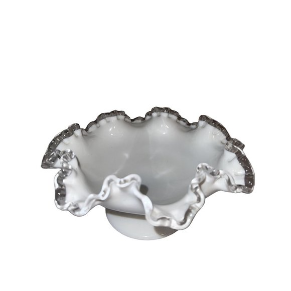Fenton Silver Crest Milk Glass Bowl Dish 8”X4” Pedestaled Ruffled Vintage - Picture 1 of 6